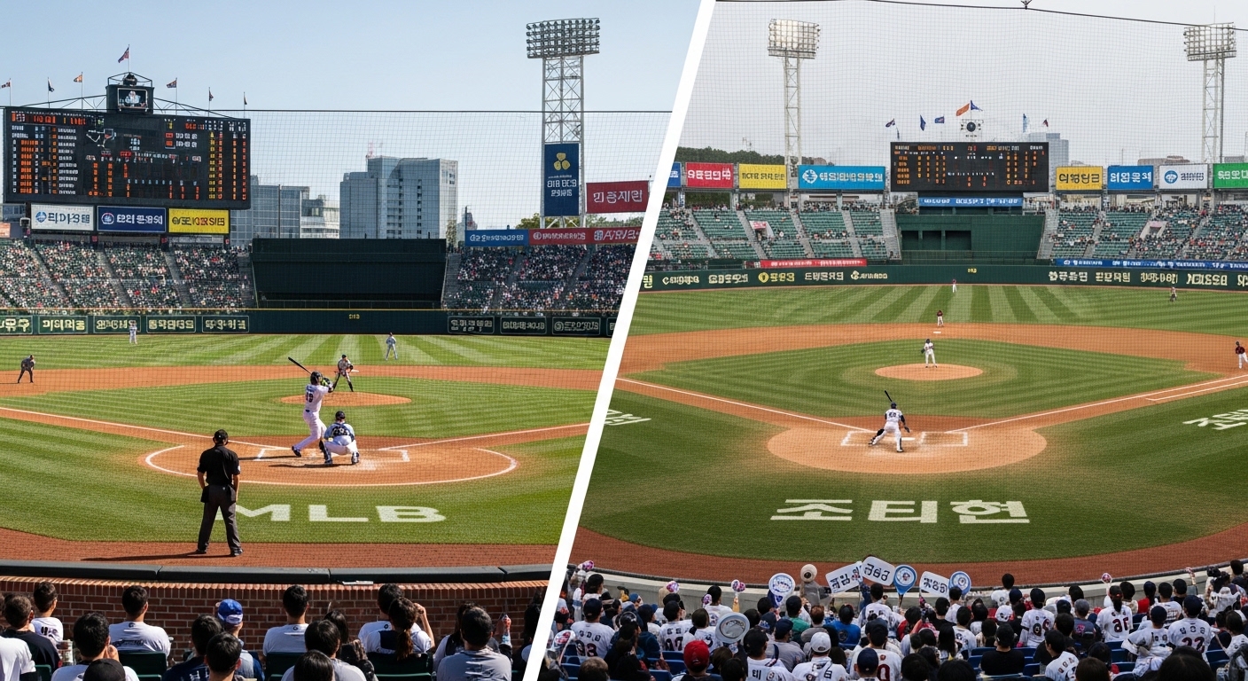 메이저리그와 KBO 리그 필드에서 서로 다른 스타일과 전략을 보여주는 비교 장면