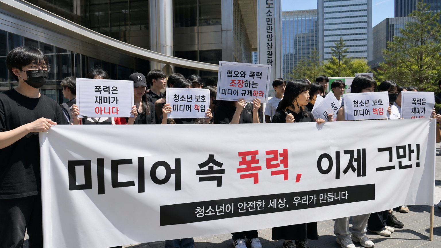 서울의 현대식 정부 건물 앞에서 미디어 폭력 반대를 외치는 청소년 권리 운동가들의 시위