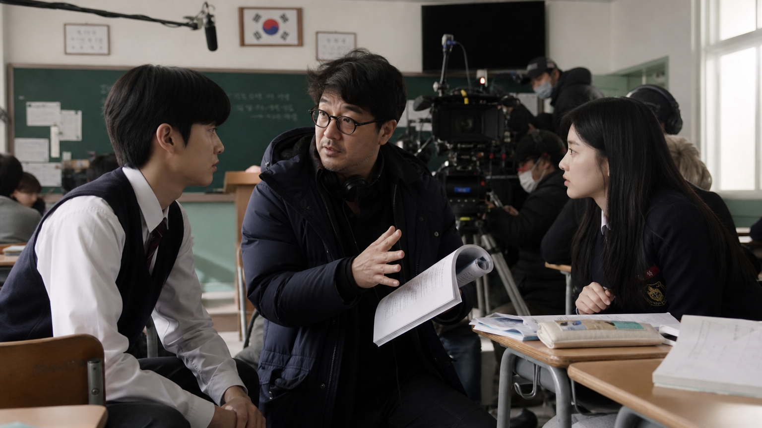 고등학교 교실 세트장에서 배우들과 장면을 상의하는 한국 영화 감독
