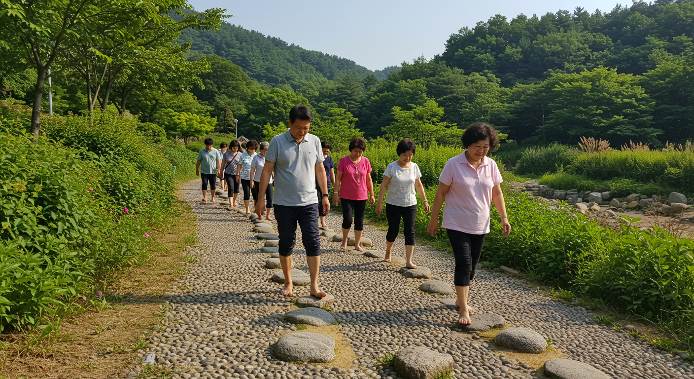 공원에서 맨발로 자연 자갈 지압길을 걸으며 휴식을 취하는 모습, 푸른 하늘 아래 초록빛 자연이 어우러진 장면