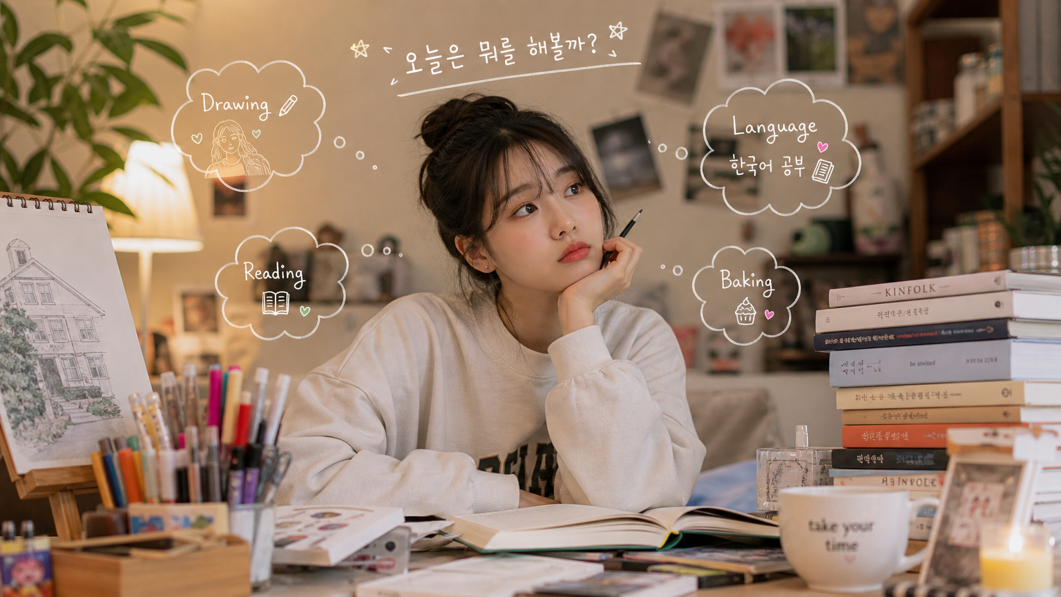 다양한 취미 옵션을 고민하는 젊은 여성의 집 안 모습