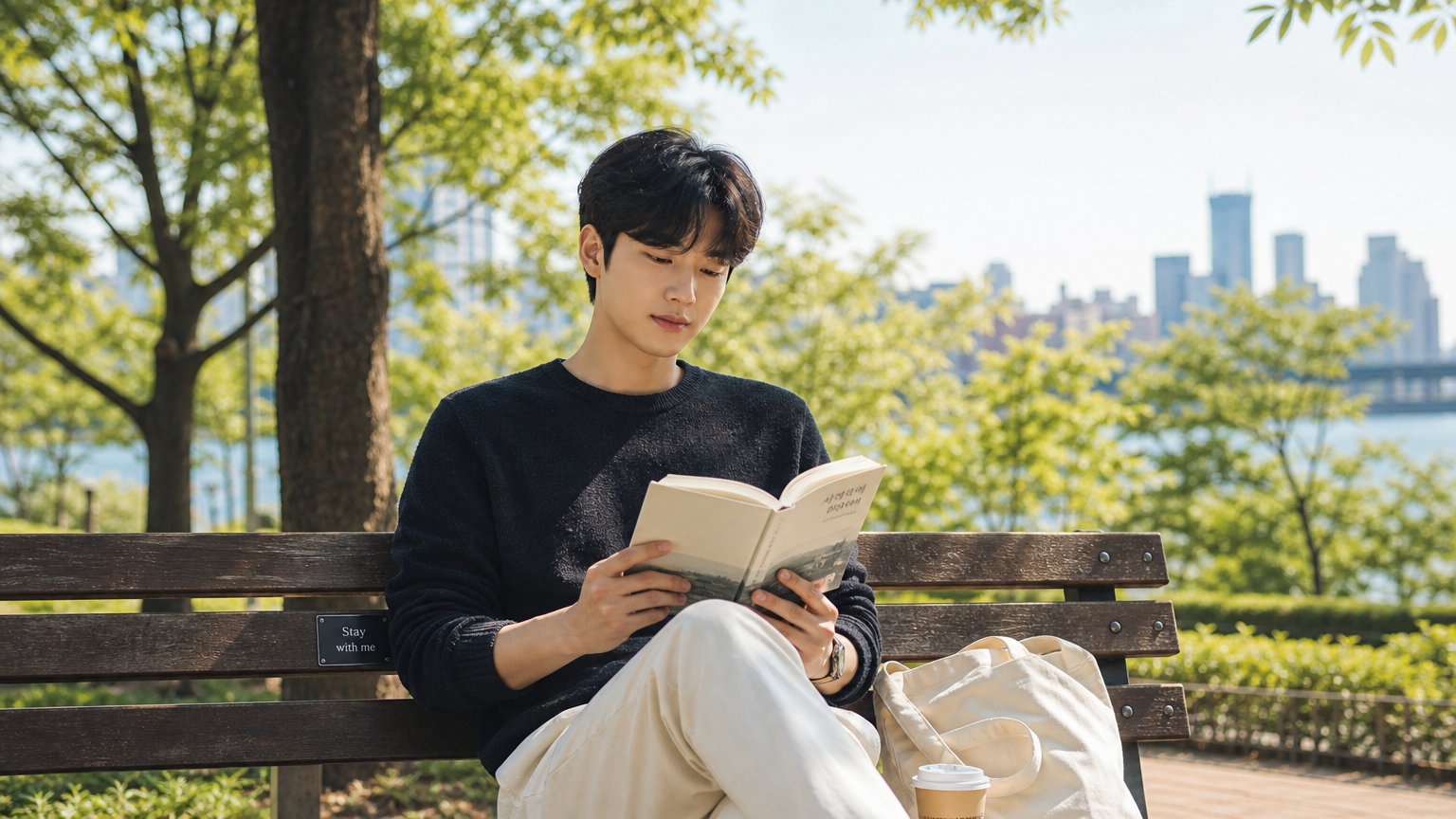 공원 벤치에서 책을 읽으며 여유로운 오후 시간을 보내는 남성
