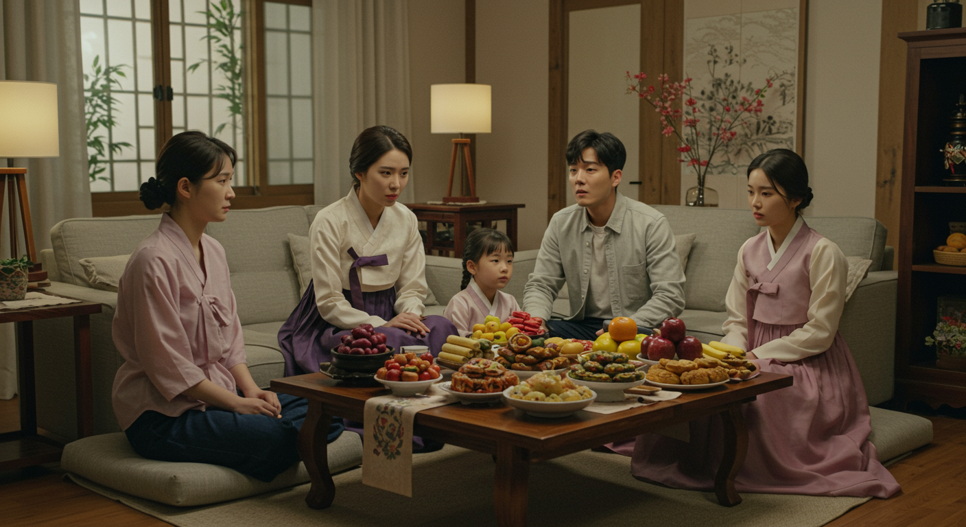 추석 명절에 가족들이 거실에 모여 긴장된 대화를 나누고 있는 장면, 전통 음식이 테이블에 차려져 있음