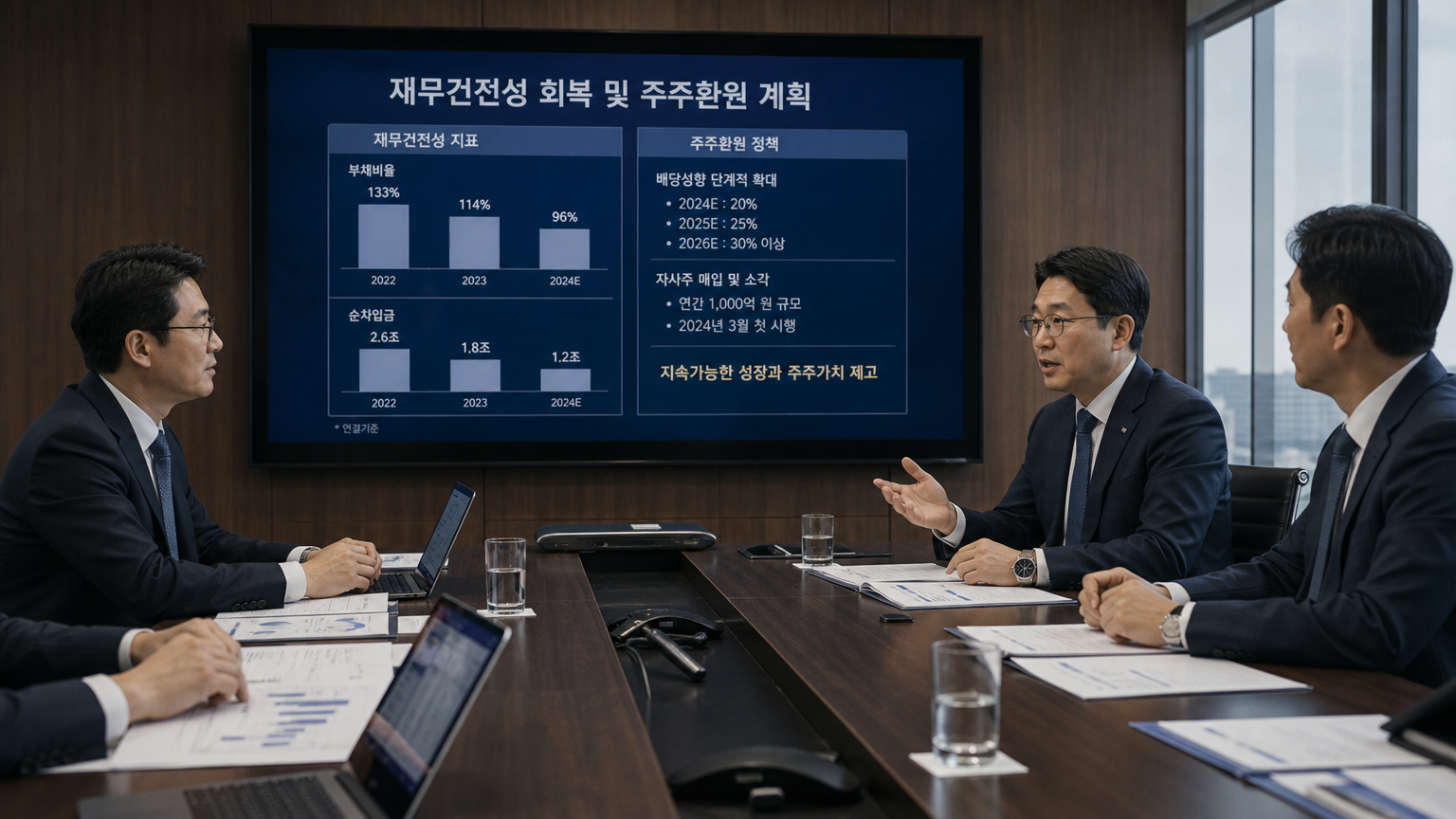 이사회 회의실에서 재무 회복 및 배당 전략을 논의하는 경영진들