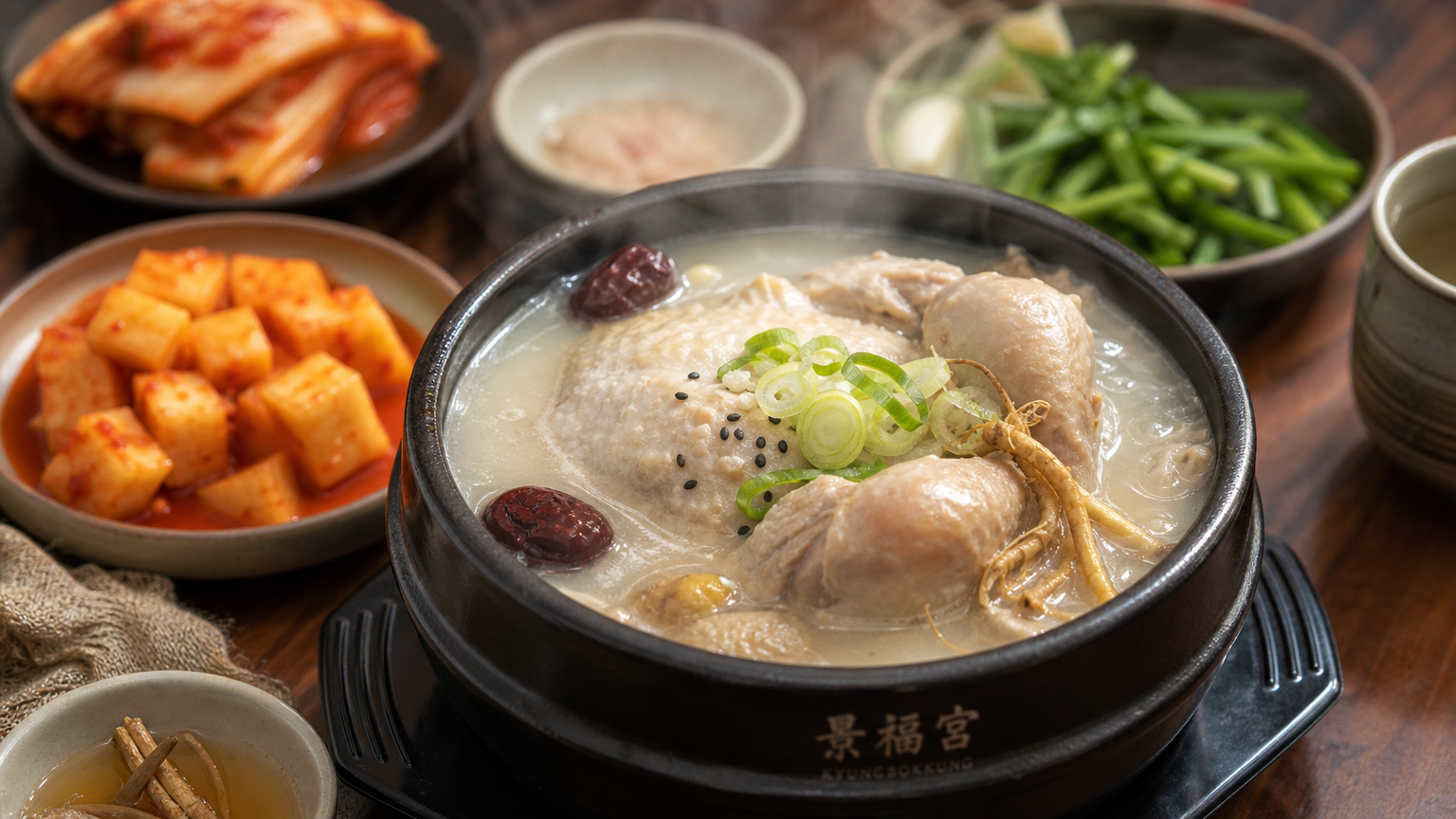 전통적인 도자기 그릇에 담긴 삼계탕과 반찬