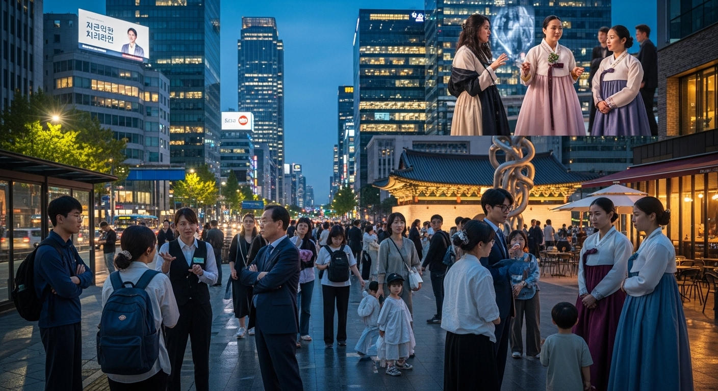 현대 한국 도시 배경에서 다양한 그룹의 사람들이 대화하며 갈등과 의견 차이를 반영하는 모습