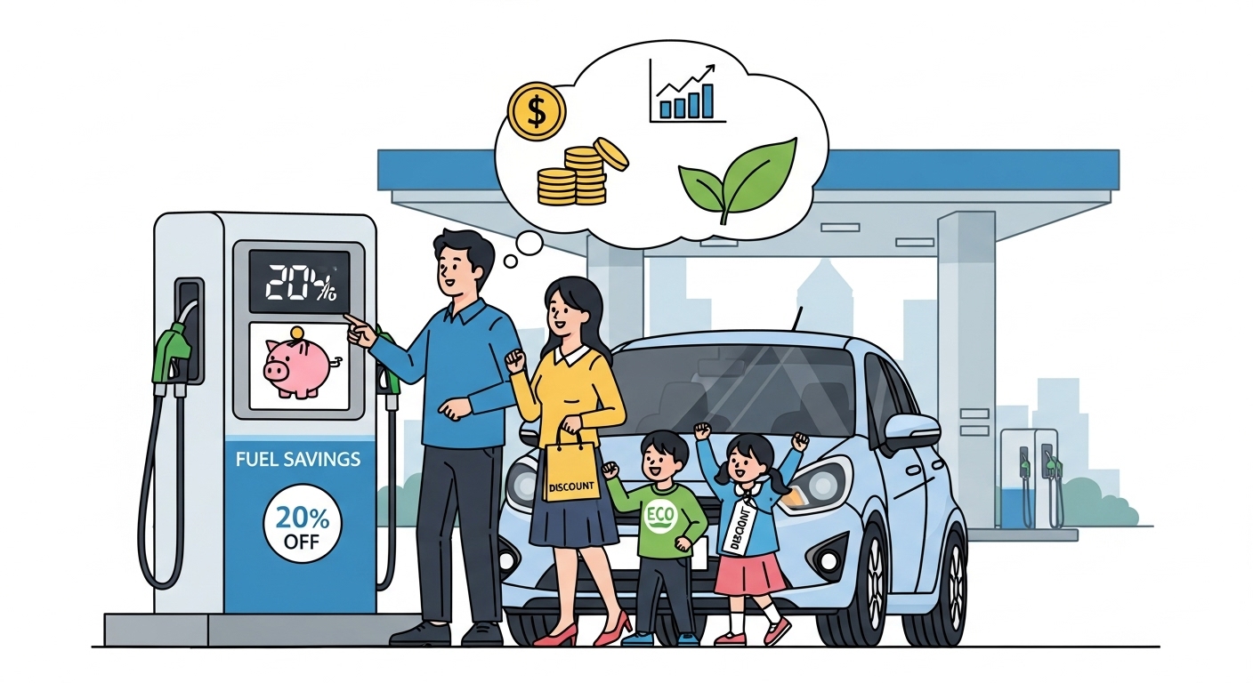 현대적인 한국 가족이 주유소에서 경차를 타고 있는 모습과 경제적 이점의 일러스트