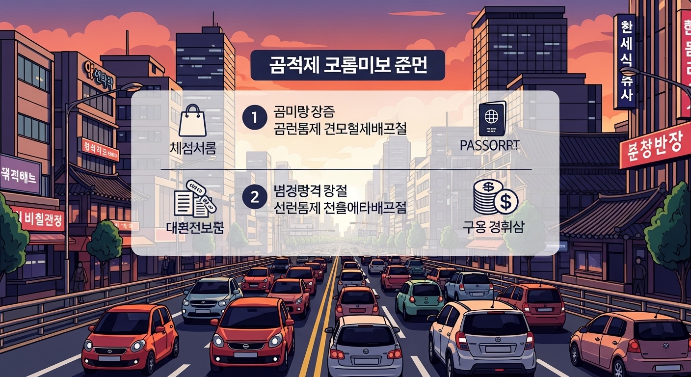 다양한 경형 자동차가 도로를 달리는 한국 도시 풍경과 세금 환급 기준을 강조한 일러스트