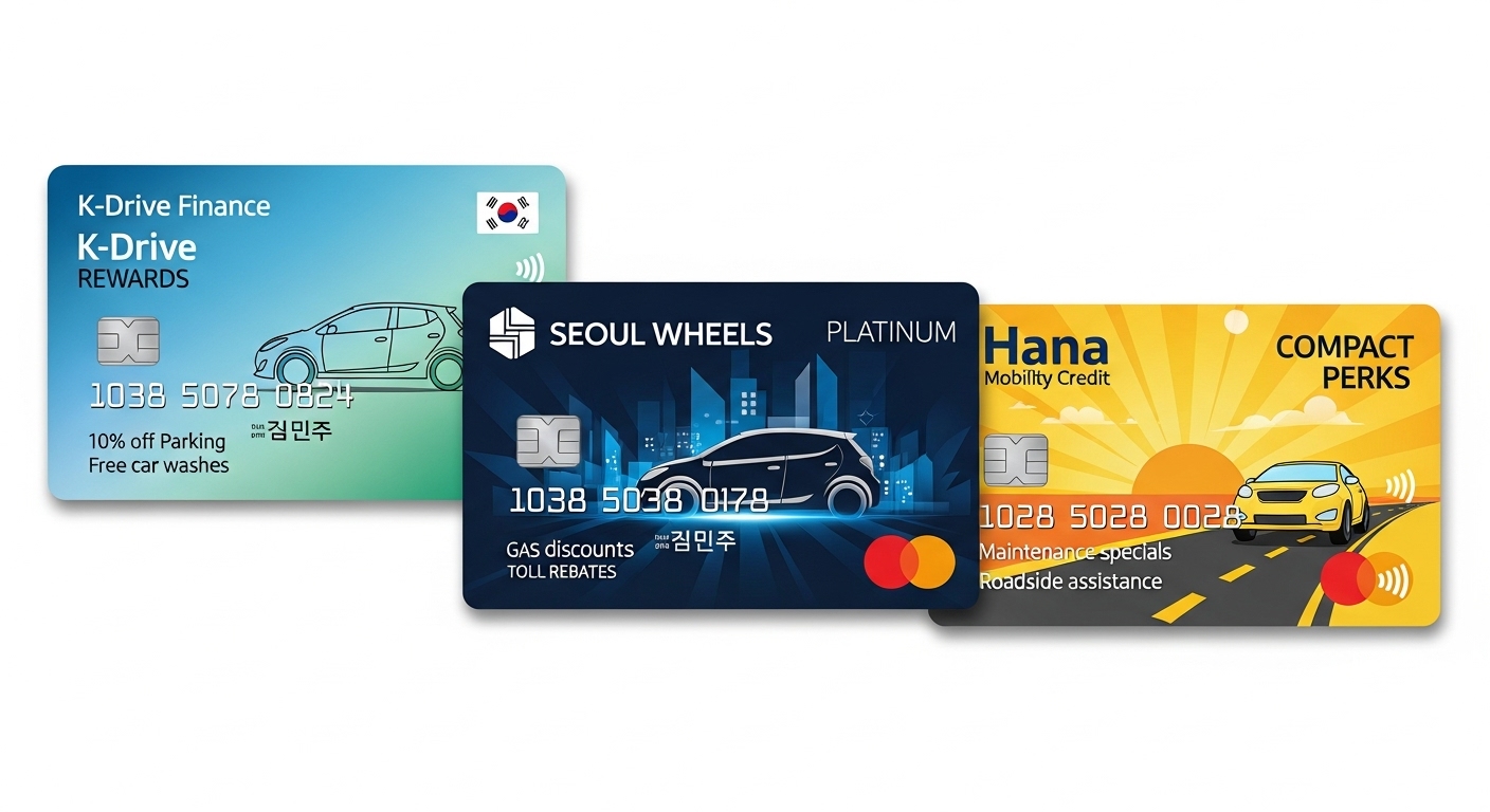 다양한 회사의 신용카드 디자인과 경형 자동차 소유자를 위한 특별 혜택의 일러스트