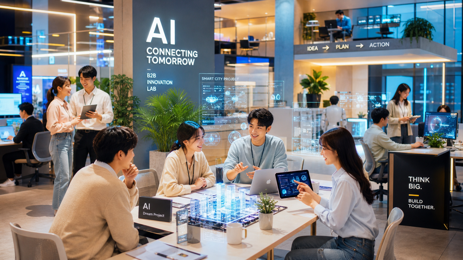 현대적인 한국 사무실에서 첨단 AI 기술과 협업하는 직원들