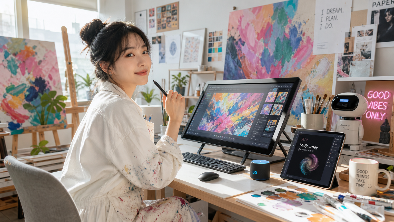 AI 도구를 활용하여 창작 활동을 하는 예술가