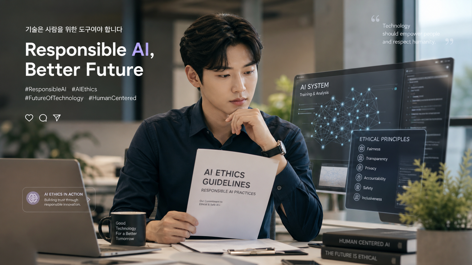 윤리적 가이드라인을 검토하며 AI 시스템과 상호작용하는 전문직 종사자