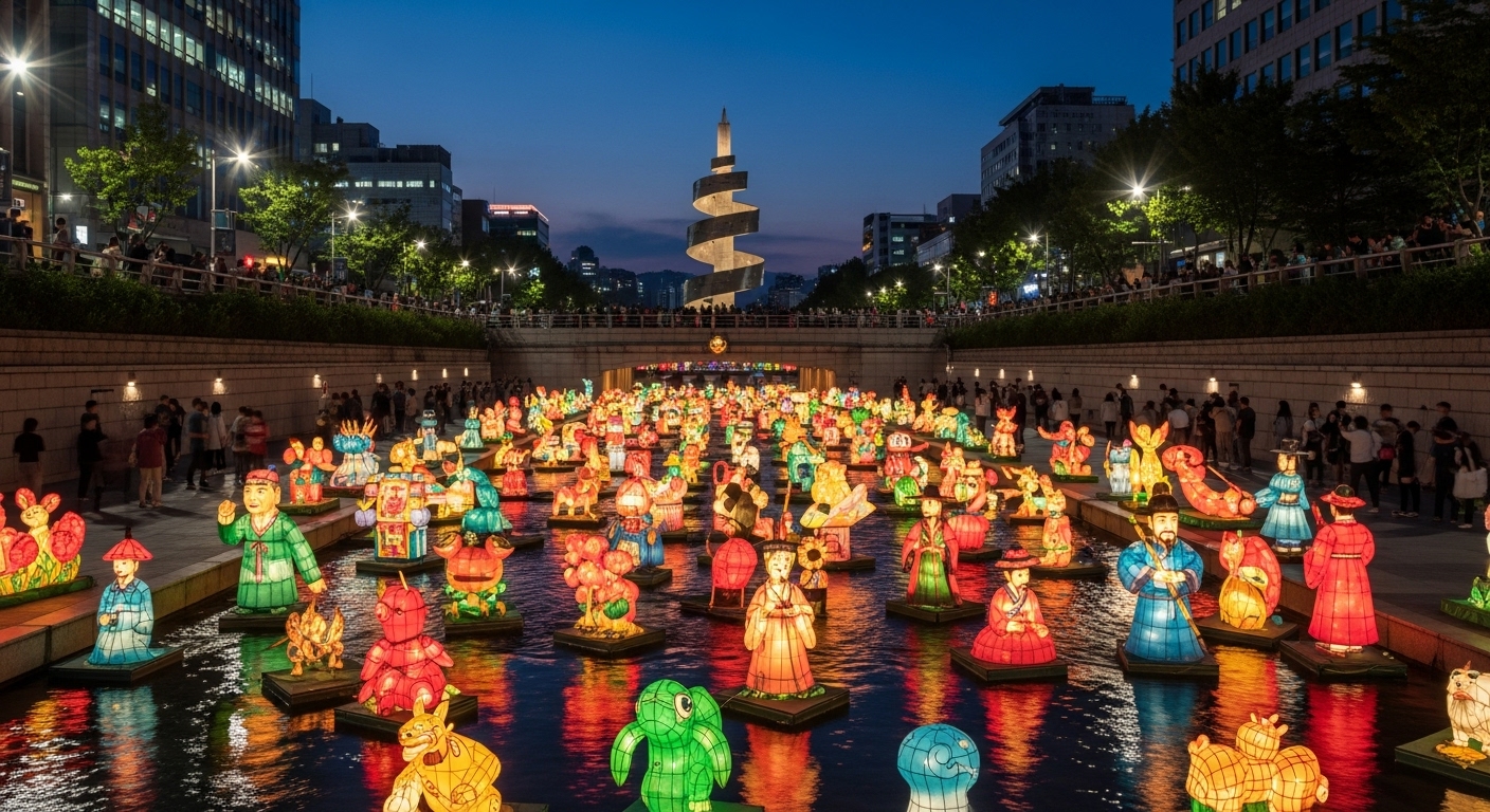 청계천 광장에서 열리는 서울빛초롱축제의 화려한 야경과 물에 비치는 등불들