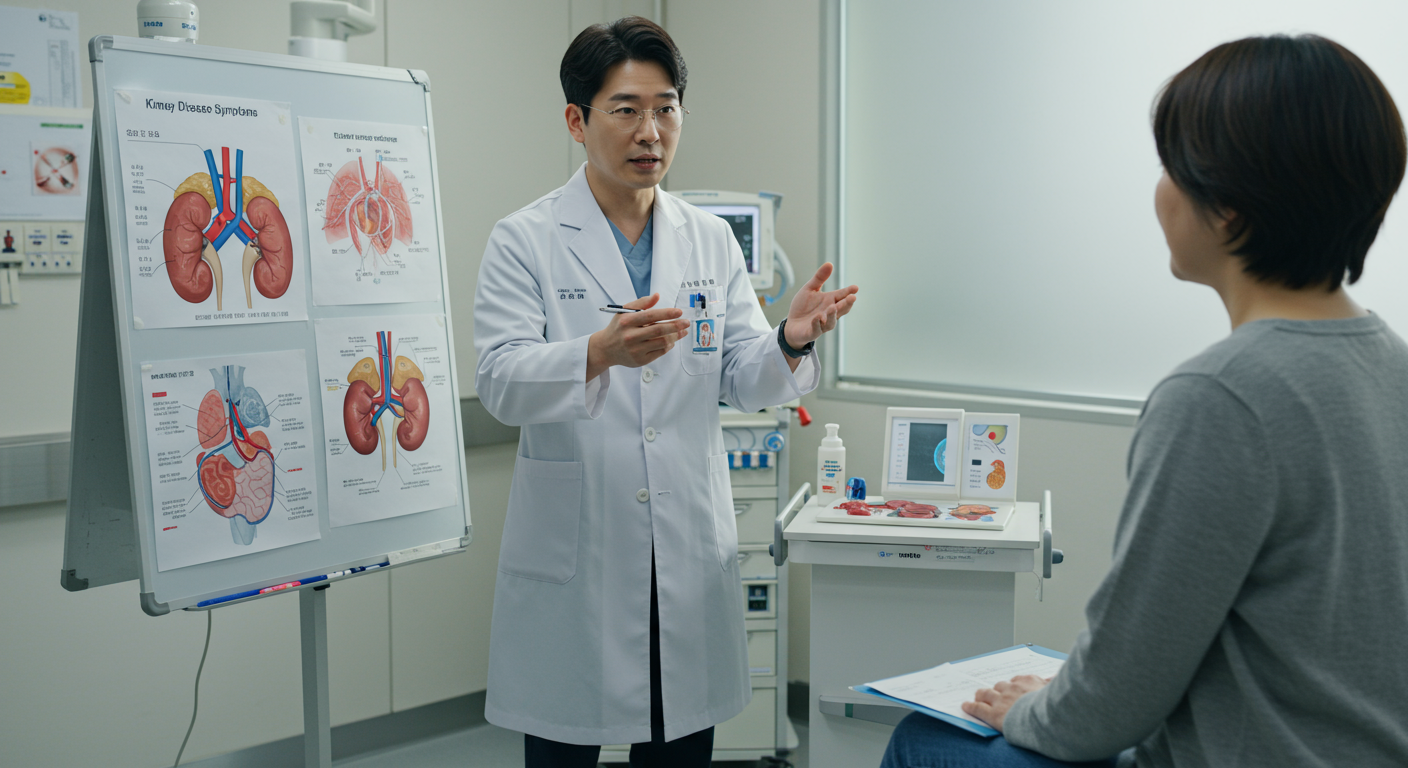 현대적인 병원에서 의사가 환자에게 신장 질환 증상을 설명하는 장면