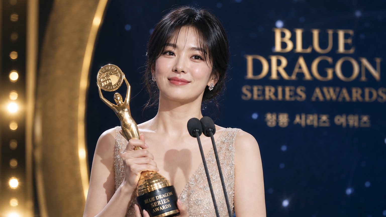 무대 위에서 트로피를 들고 있는 송혜교의 자랑스러운 순간