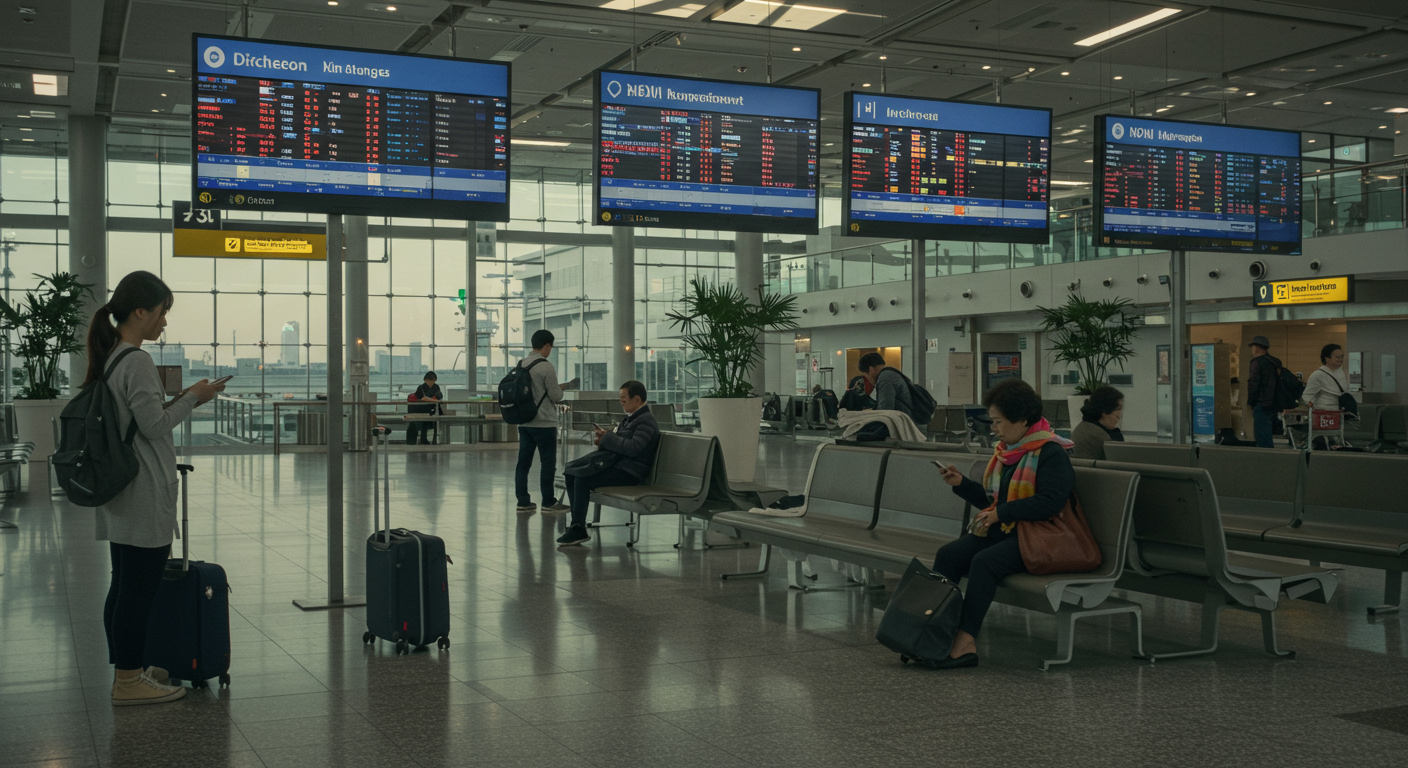인천공항 출국장에서 여행객들이 스마트폰으로 실시간 혼잡도 정보를 확인하는 모습