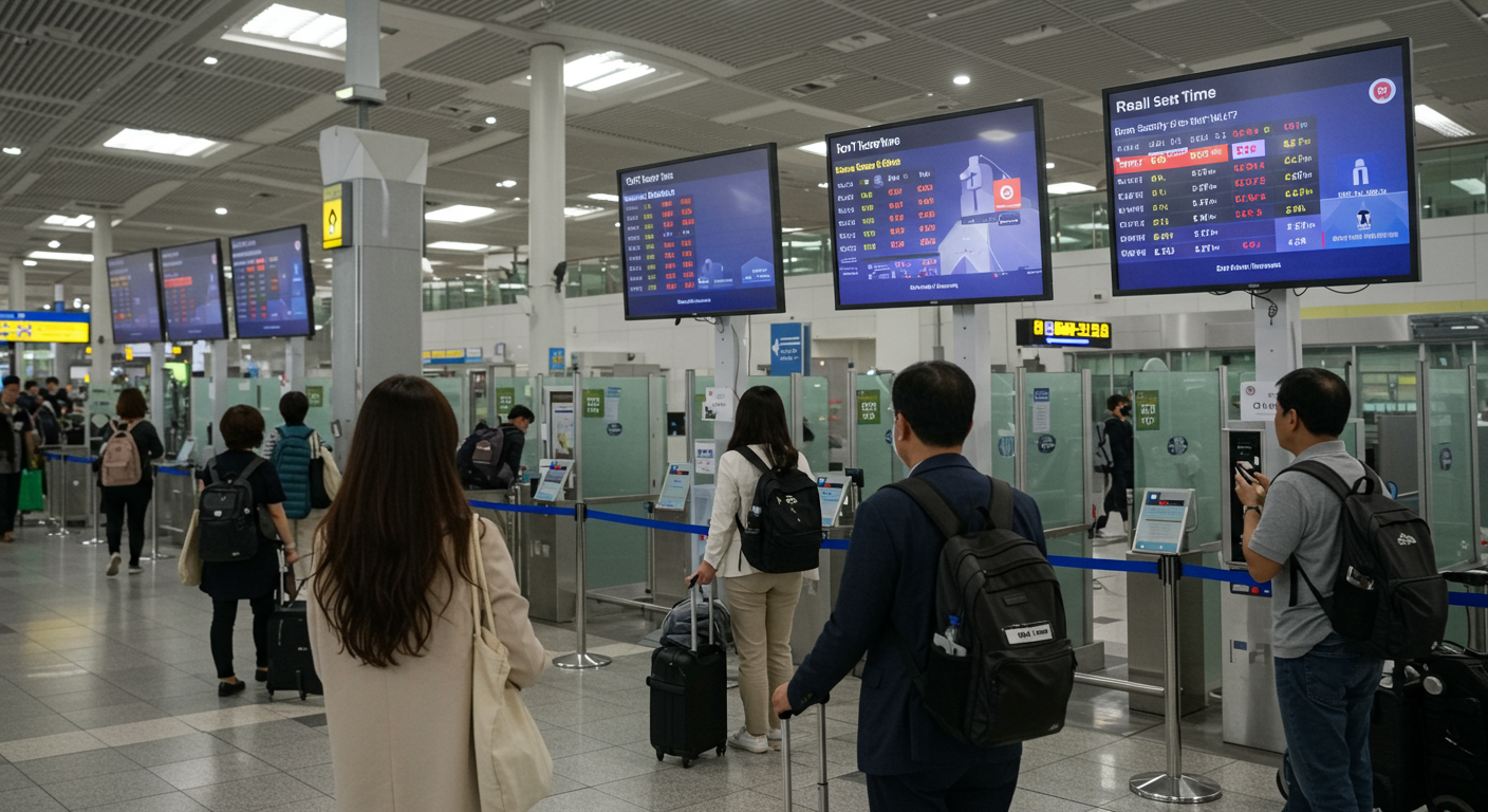 여행객들이 IoT 기술을 이용한 실시간 대기 시간을 분석하며 공항 도착 시간을 계획하는 장면