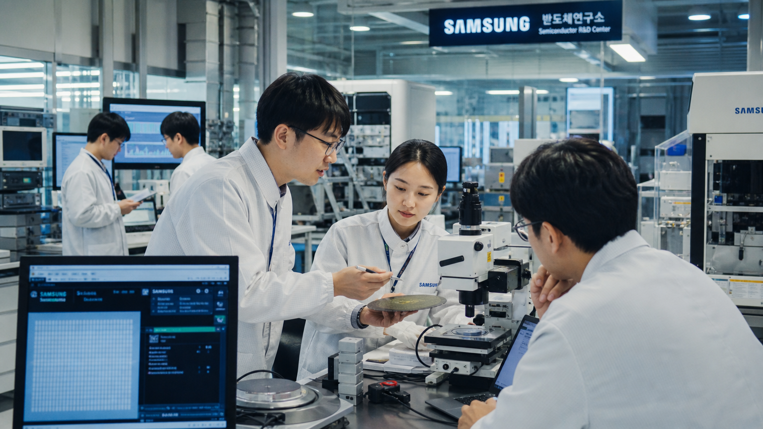 활기찬 한국의 기술 산업 중심지에서 프로젝트를 진행 중인 반도체 엔지니어들