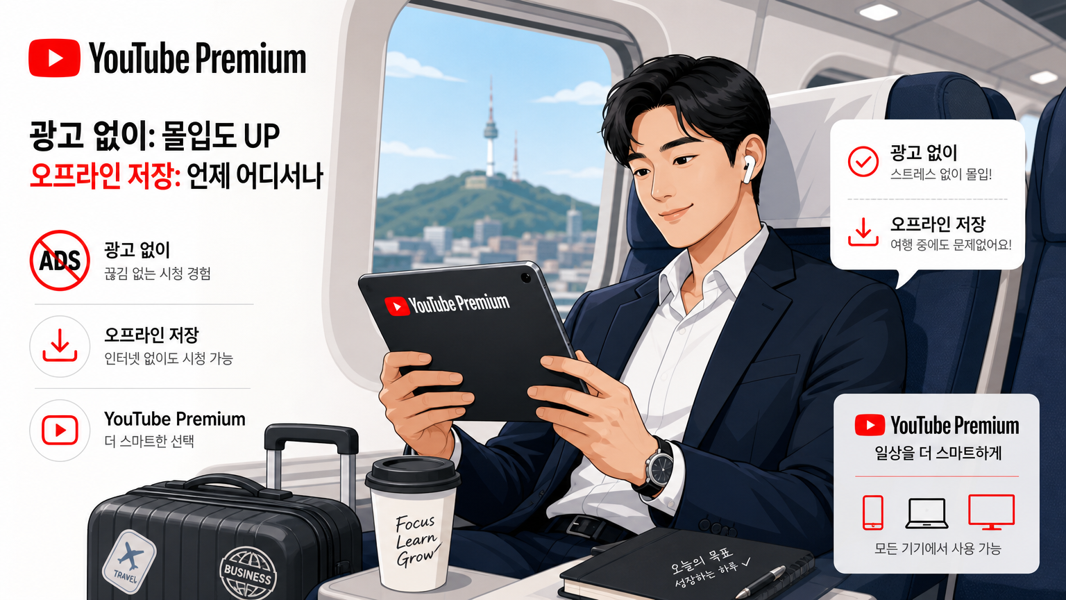 여행 중 광고 없이 오프라인으로 영상을 즐기는 비즈니스맨의 모습