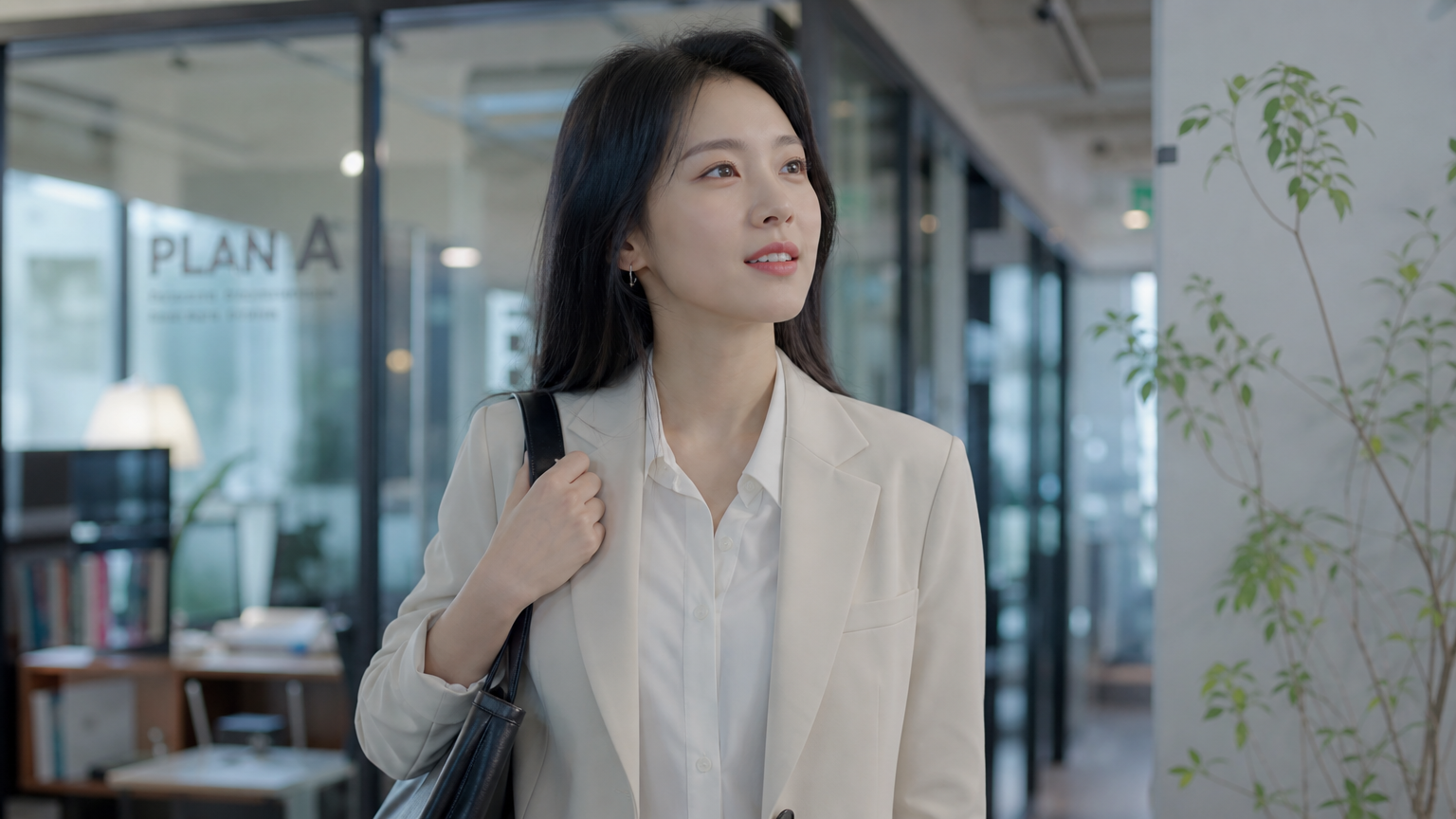 배우 한윤서가 현대적 사무실에서 자신감 있게 서 있는 모습