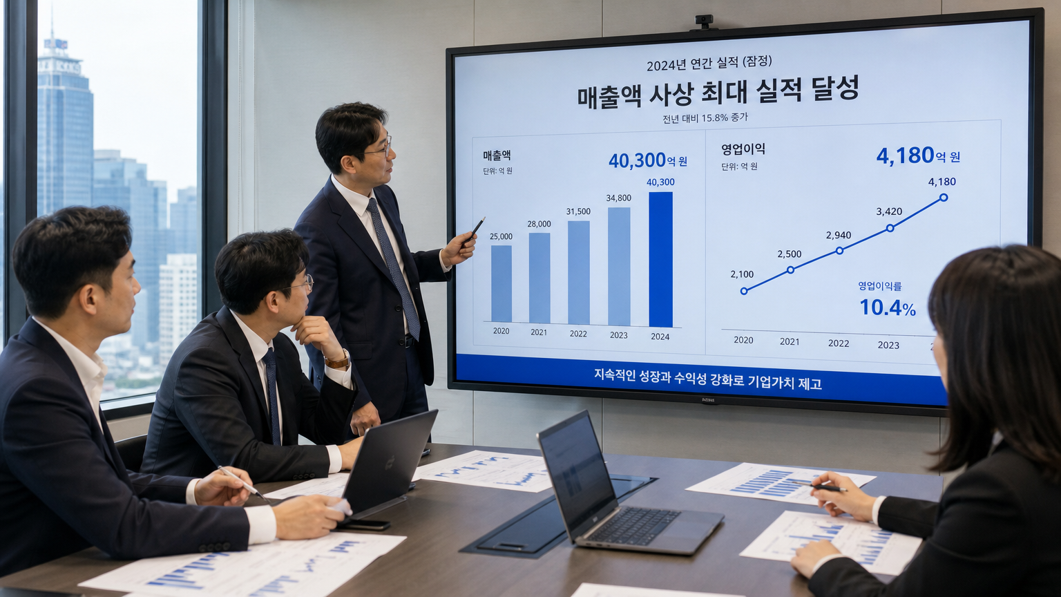 최신 회의실에서 재무 그래프를 분석하는 한국 비즈니스 임원들