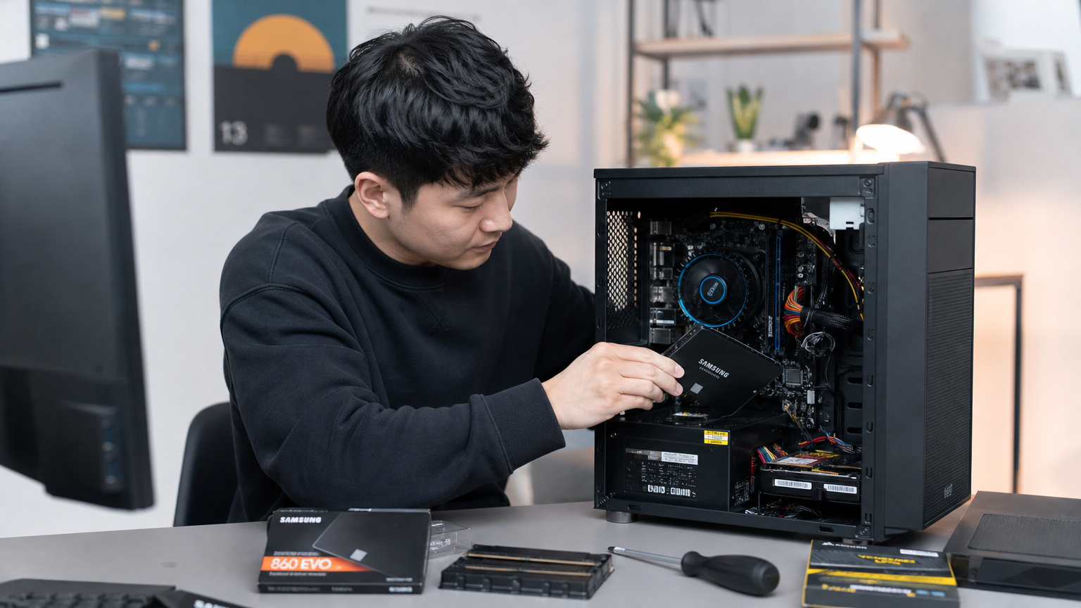 기술자가 데스크탑 컴퓨터의 SSD와 RAM을 업그레이드하는 모습