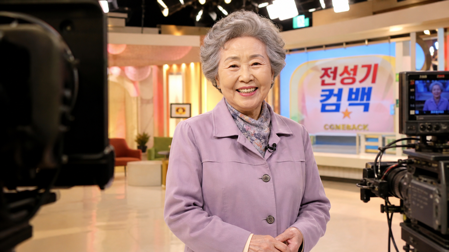70대 여성인 노사봉 씨가 밝은 미소로 방송 세트장에서 서 있는 모습