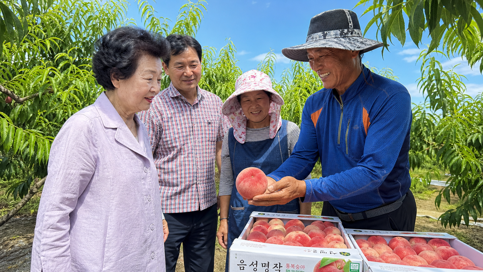 충청북도 음성군 농장에서 농부들과 함께 신선한 농산물을 살펴보는 모습