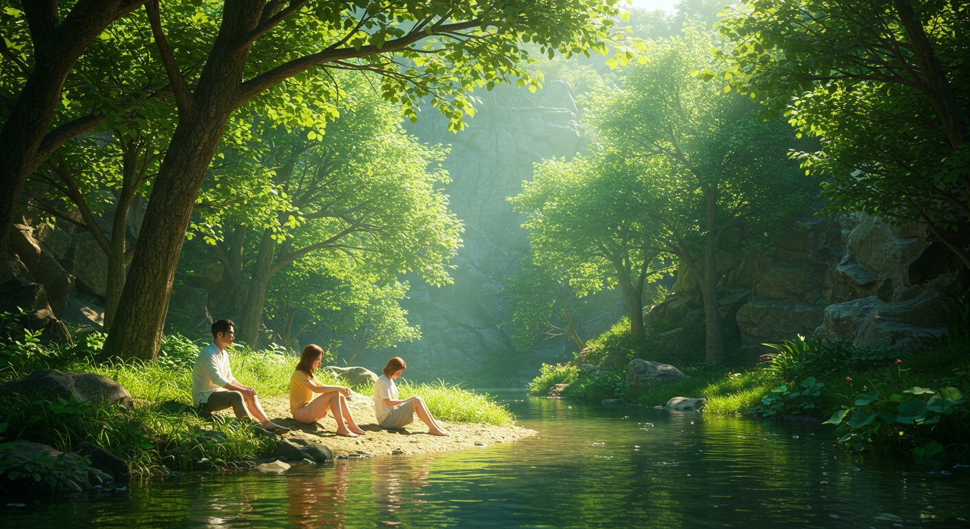 나무 그늘 아래 조용히 휴식을 취하는 커플과 부드러운 햇살이 드리우는 신림계곡의 평화로운 풍경