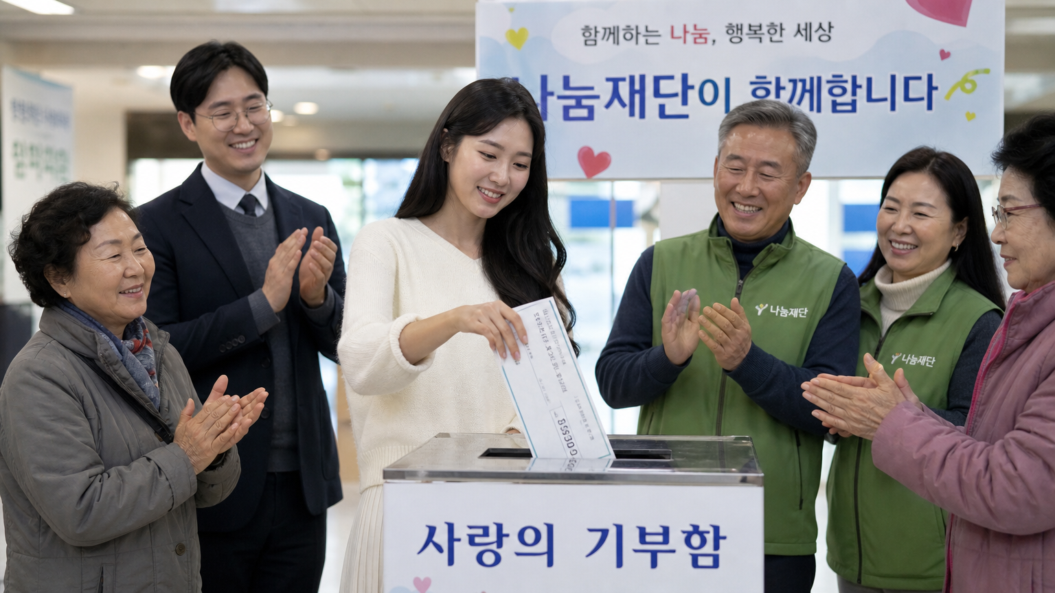 커뮤니티 멤버들과 함께 자선 기부 박스에 큰 수표를 넣는 여성의 모습