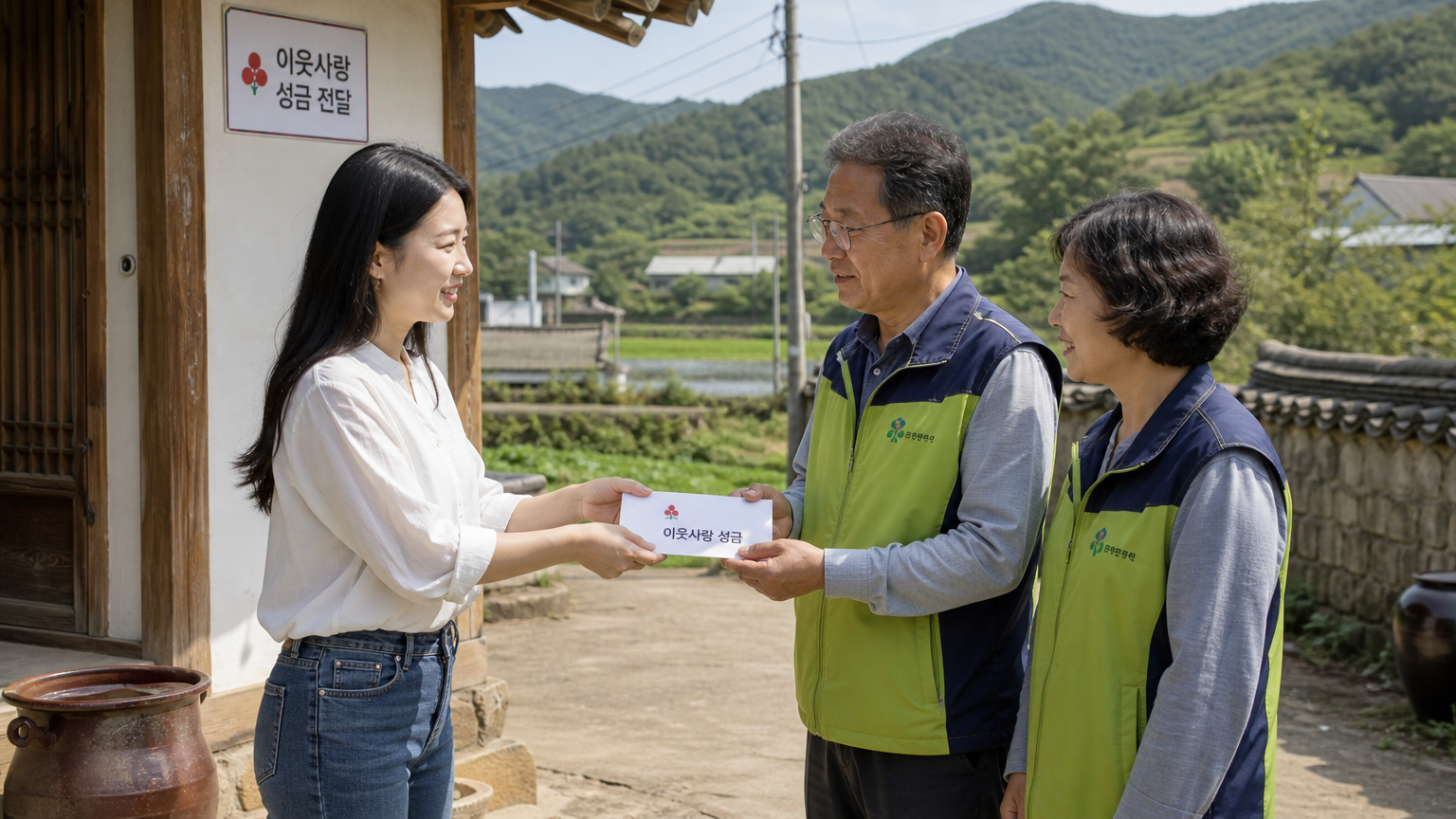 평화로운 시골 풍경 속에서 지역 자선 단체에 기부 봉투를 전달하는 여성