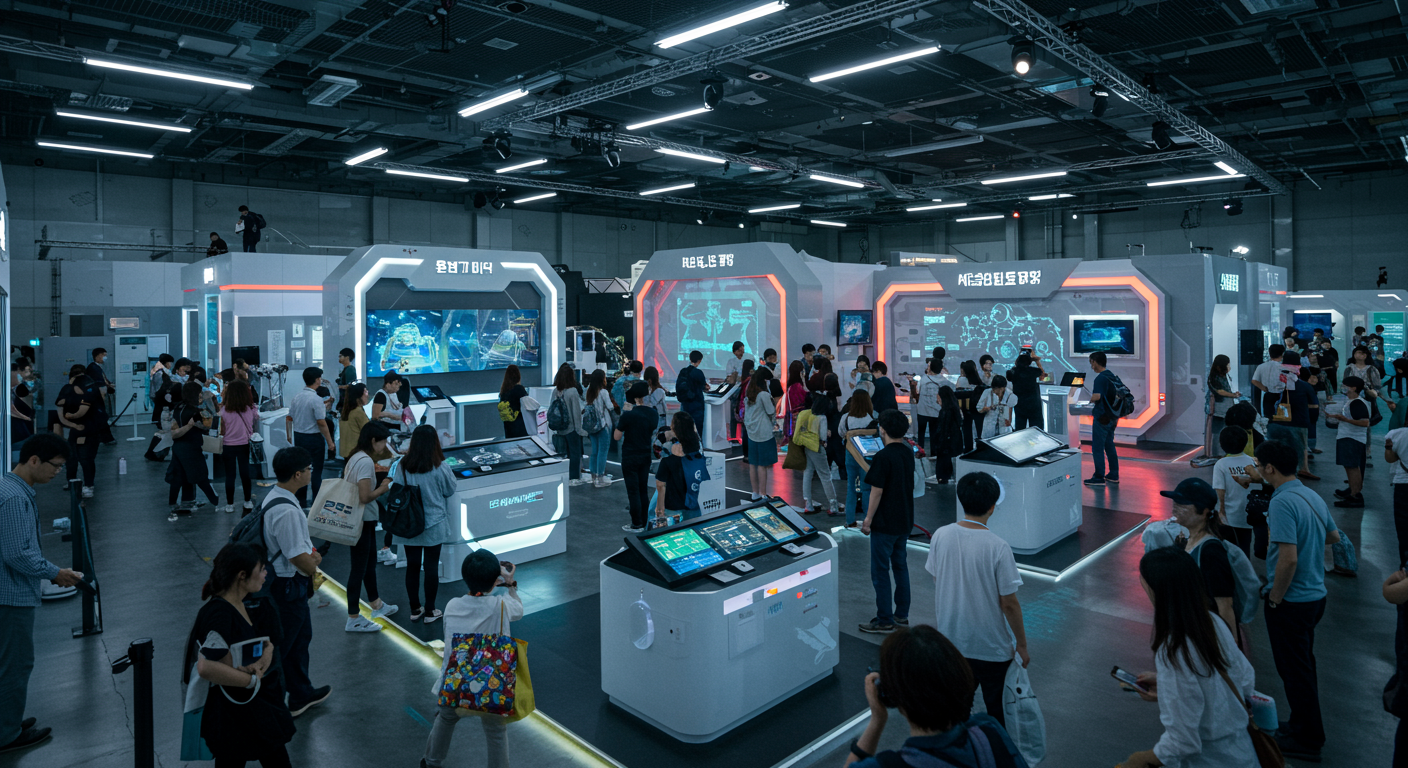서울 코엑스에서 열리는 첨단 기술 전시회, 다채로운 관람객과 넓은 전시장 내의 미래적인 디스플레이들