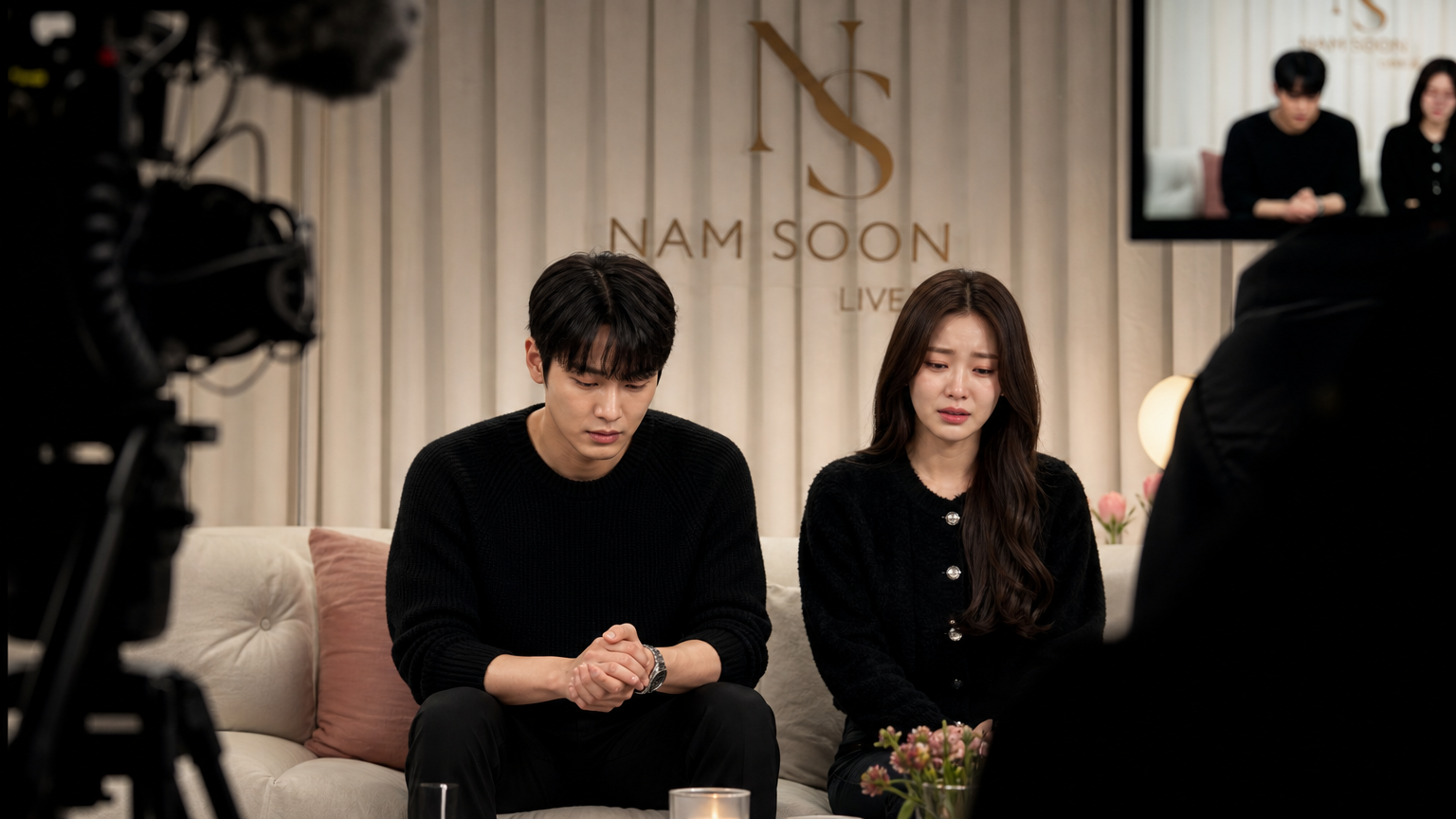라이브 방송 중 이별을 발표하는 젊은 한국 커플의 감정적인 장면