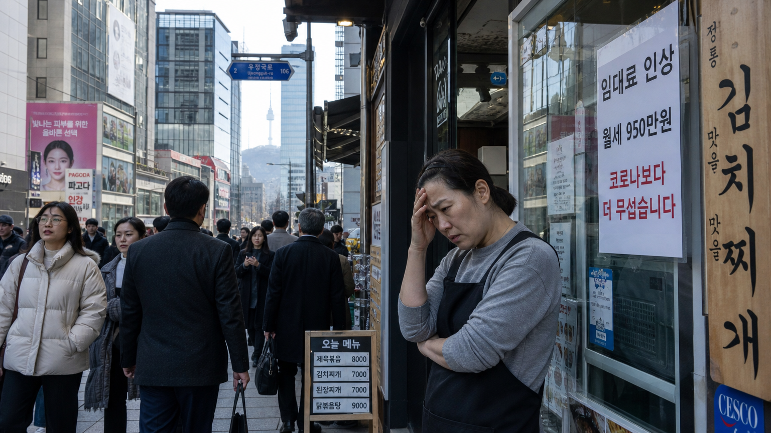 서울 도심의 바쁜 거리에서 생활비 부담으로 힘들어하는 출퇴근 직장인들과 자영업자들