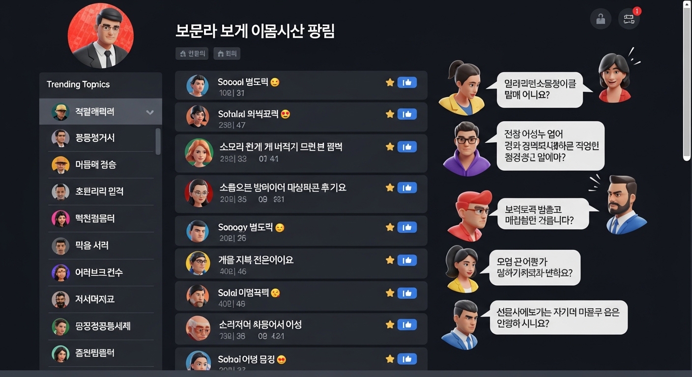 현대적인 한국 온라인 포럼에서 정치 토론에 참여하는 사용자 아바타들