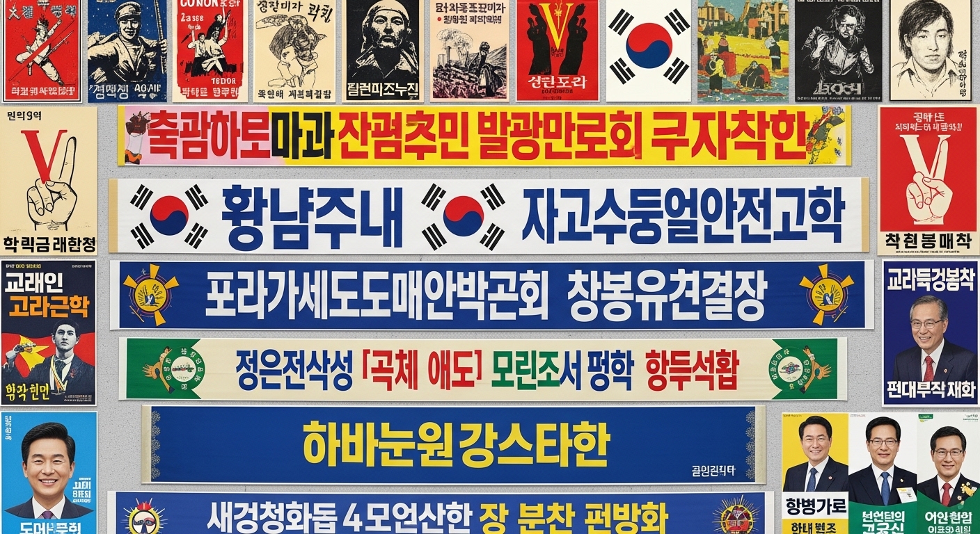 각기 다른 한국 정부를 상징하는 다양한 정치 포스터와 배너들이 모인 콜라주