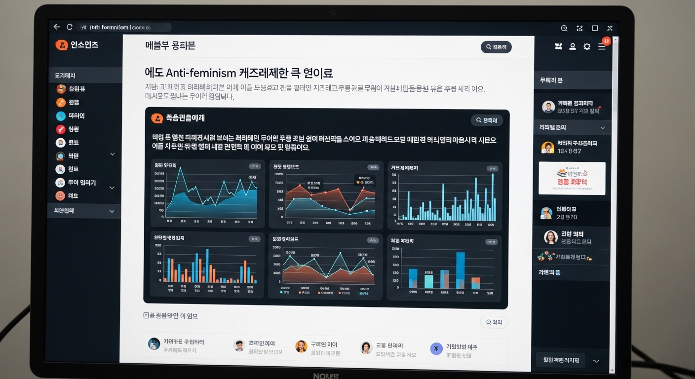 반페미니즘 주제를 다루는 한국 온라인 토론 게시물과 그 흐름을 보여주는 차트 및 그래프