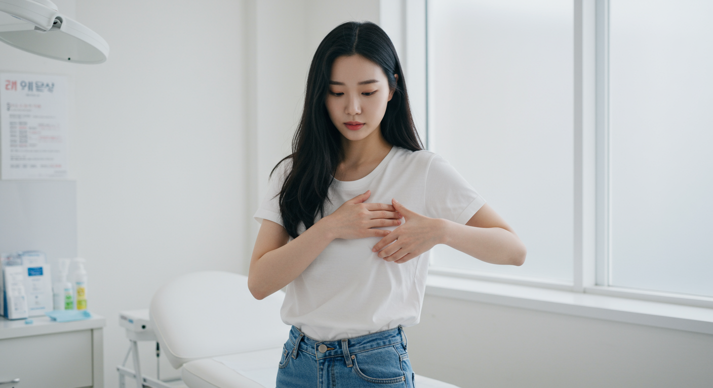 밝고 깨끗한 의료 클리닉에서 유방 건강을 확인하는 현대적인 여성을 묘사.