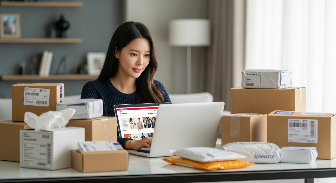 현대적인 책상에 앉아 노트북으로 해외직구 쇼핑을 하는 여성의 모습, 주위에는 쇼핑 상자와 국제 소포들이 놓여 있음.