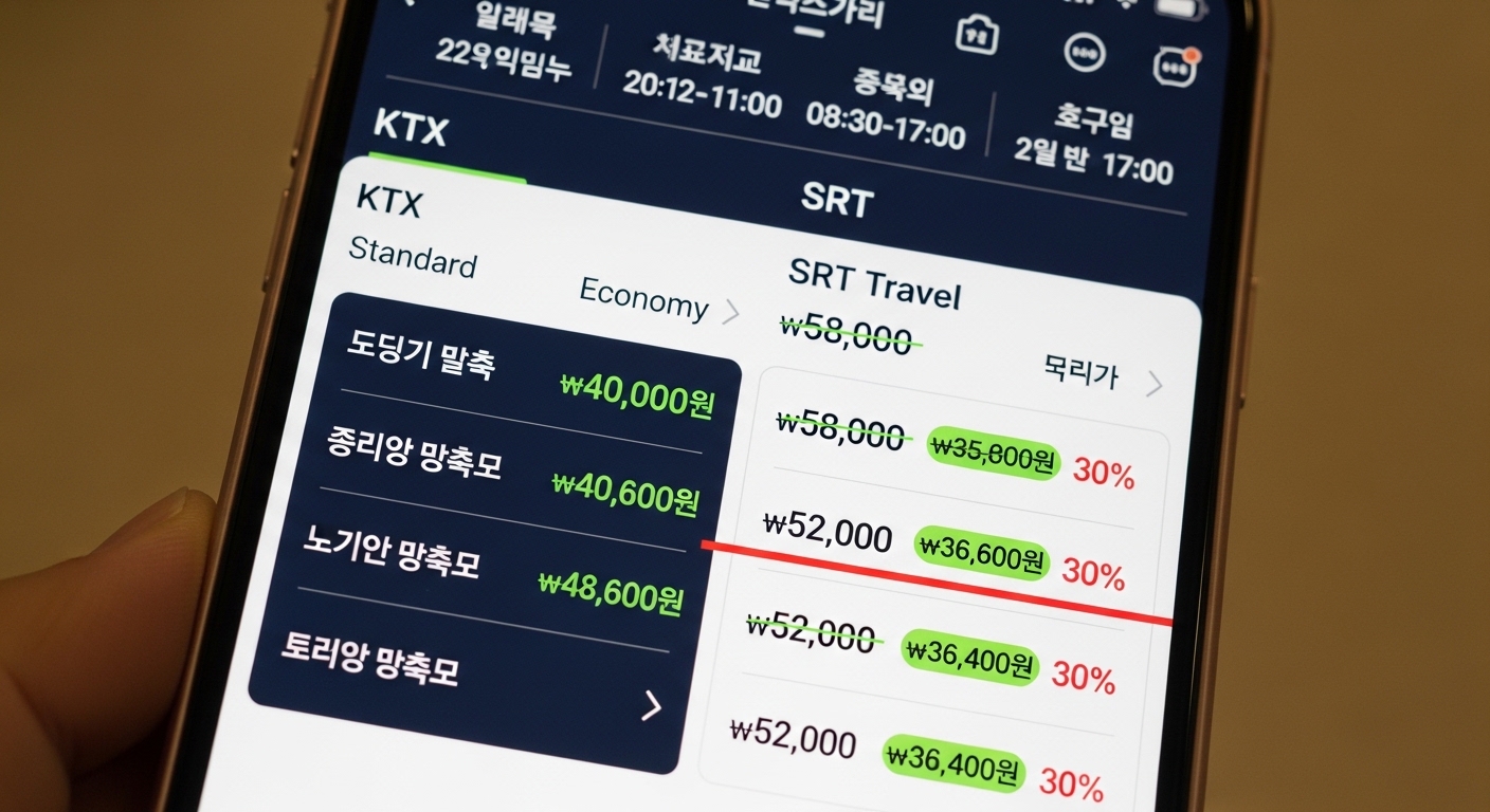 스마트폰 화면에 표시된 KTX와 SRT 티켓 간의 가격 비교 및 다양한 할인 옵션 강조