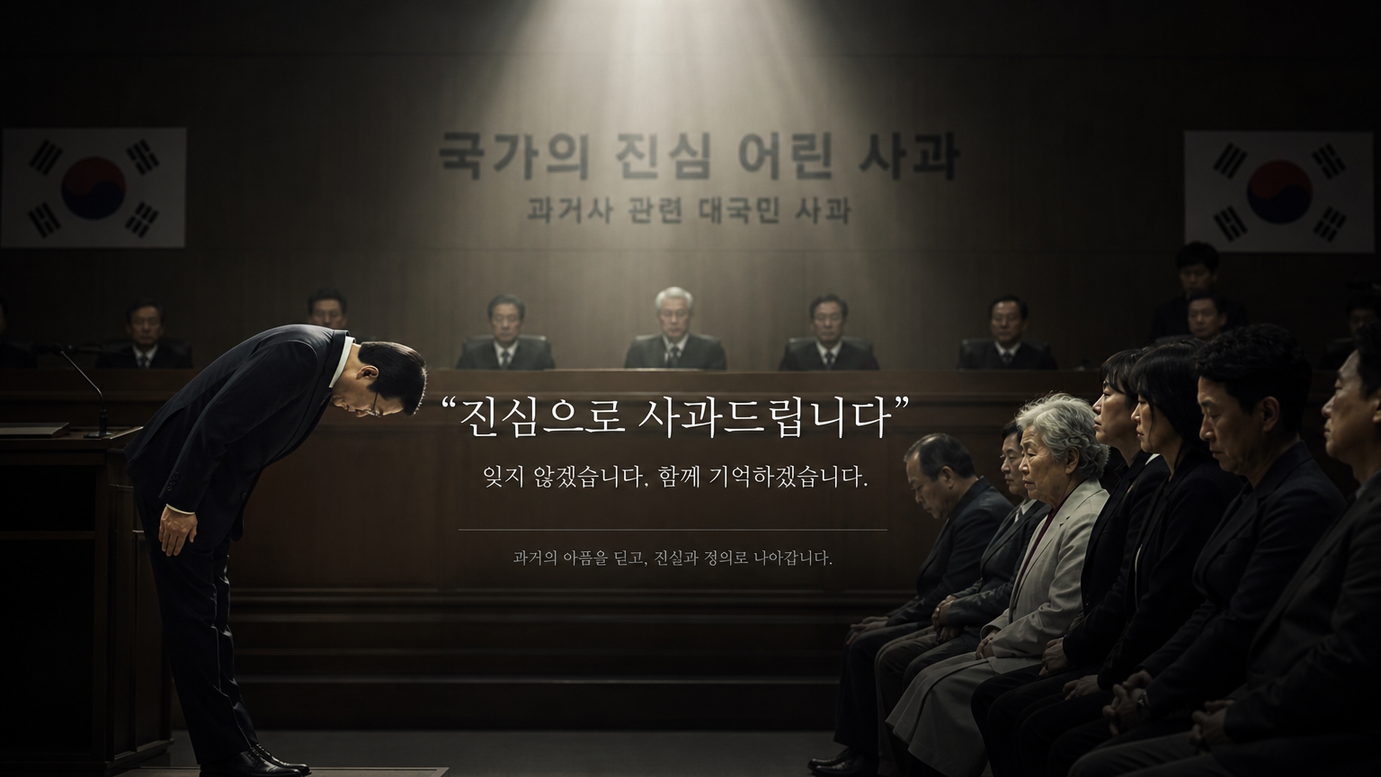 법정에서 과거의 불의를 사과받고 있는 한국 시민들의 엄숙한 모습