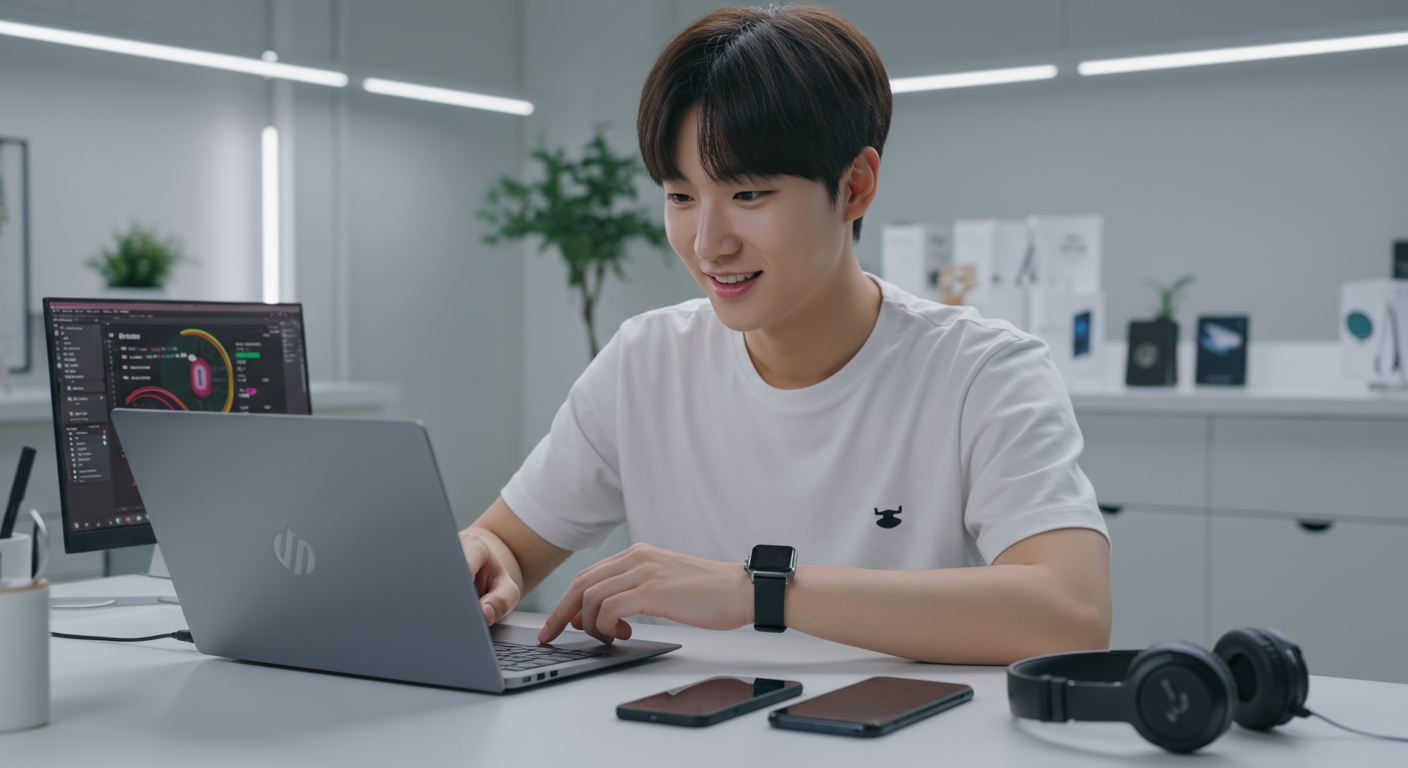 전자기기를 리뷰하는 기술 애호가의 모습
