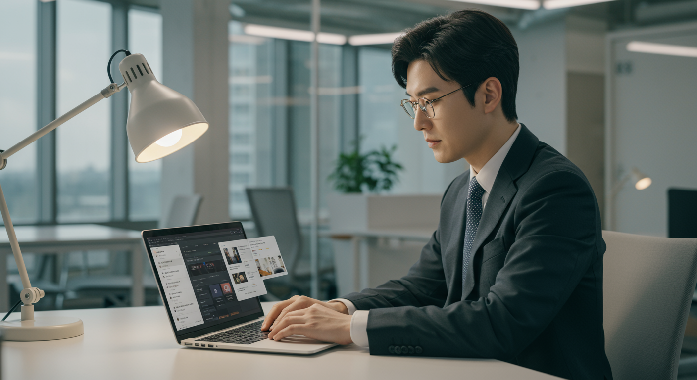 현대적인 작업 공간에서 생산성 도구와 온라인 강의를 활용하는 전문직 종사자