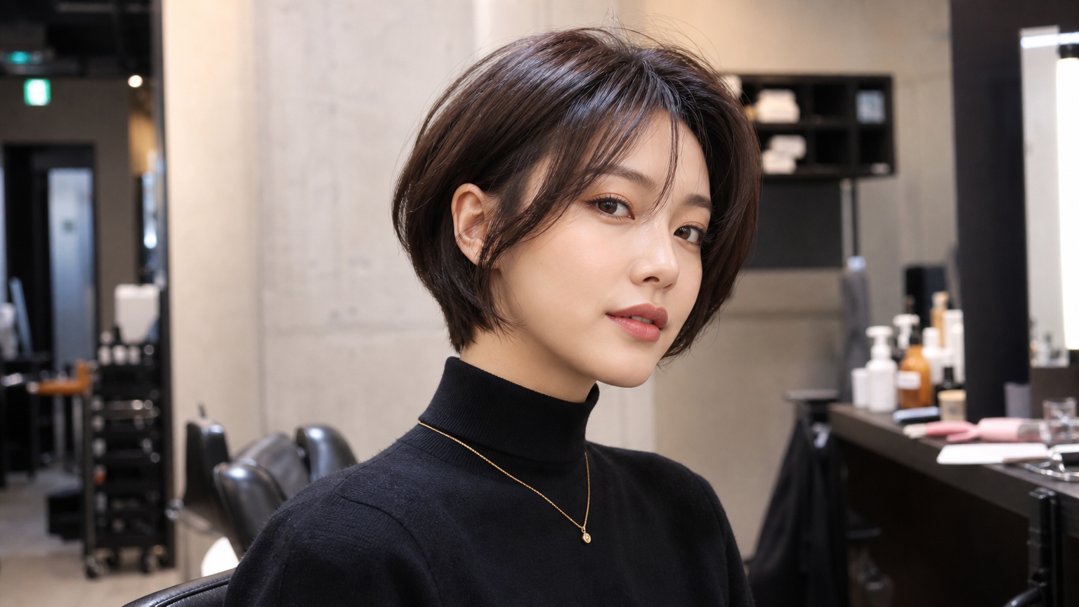 세련된 짧은 머리를 한 여성이 자신감 넘치게 미용실에 앉아 있는 모습