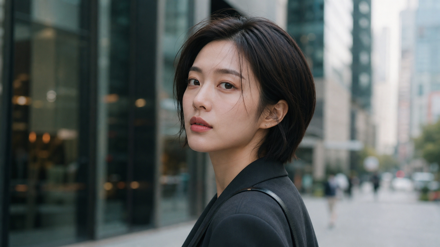 도시적이고 세련된 매력을 지닌 짧은 머리의 한국 여배우 모습