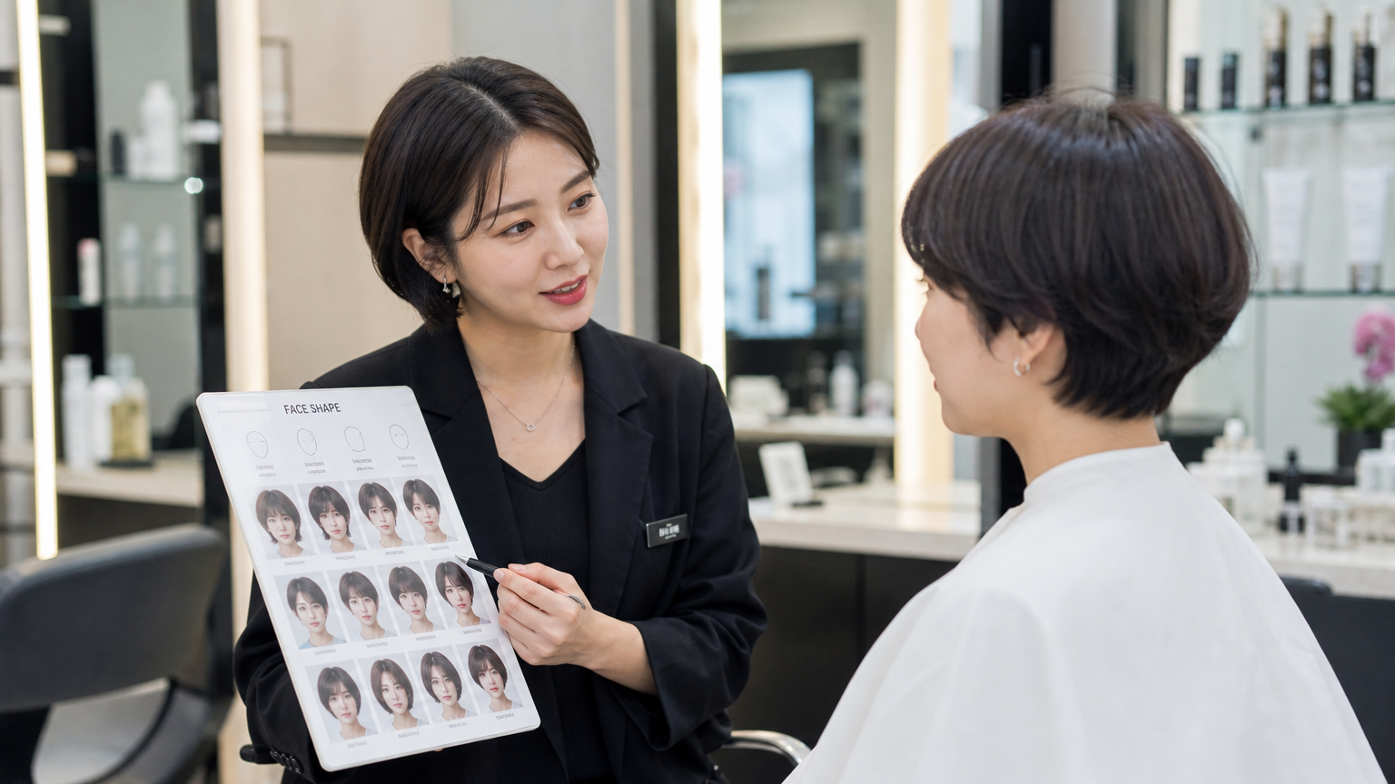 다양한 얼굴형에 맞는 짧은 머리를 상담 중인 한국 미용사의 모습