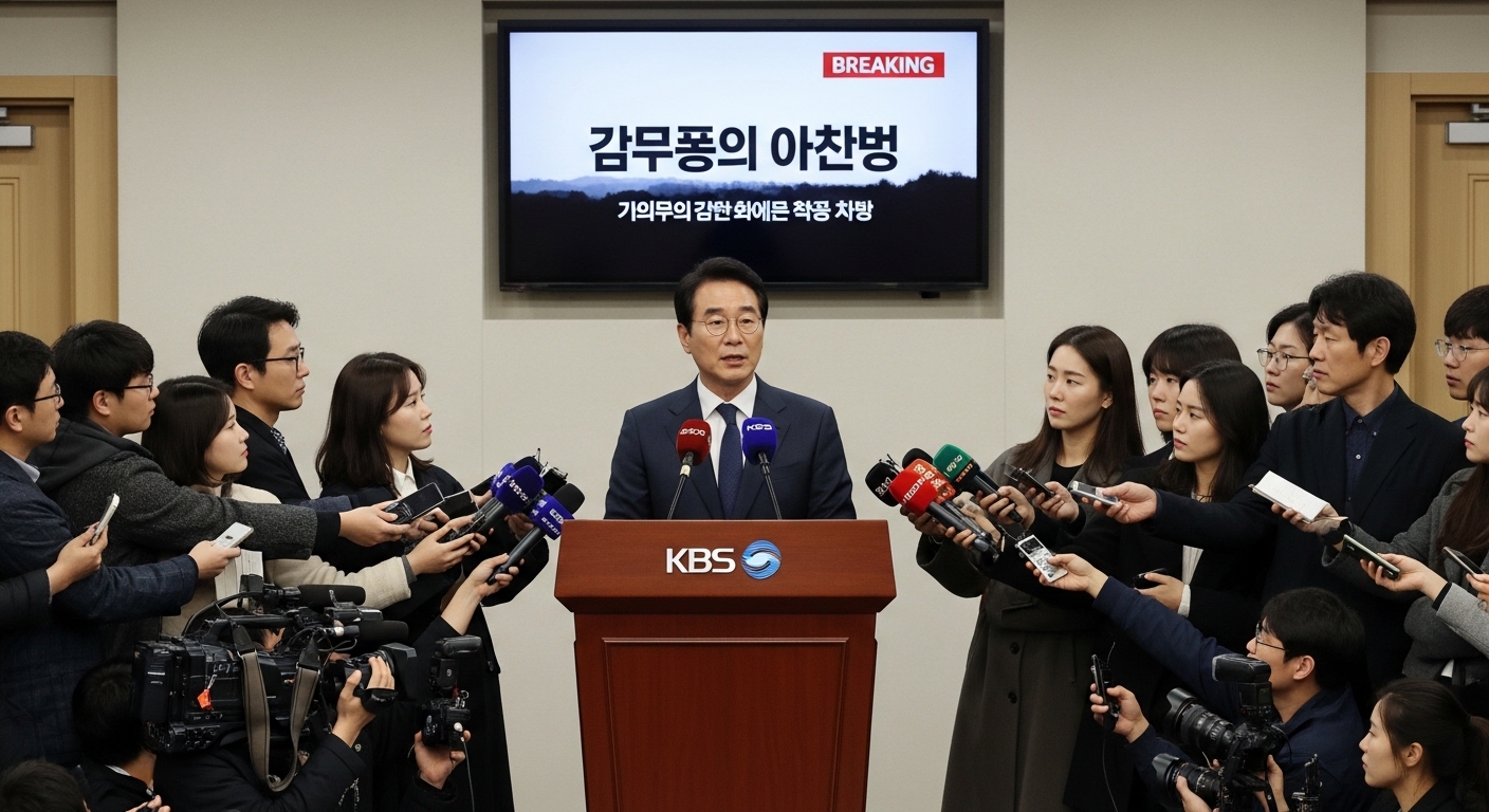 영화 감독 폭행 사건 관련 기자회견 현장, 카메라 플래시가 터지는 긴박한 분위기
