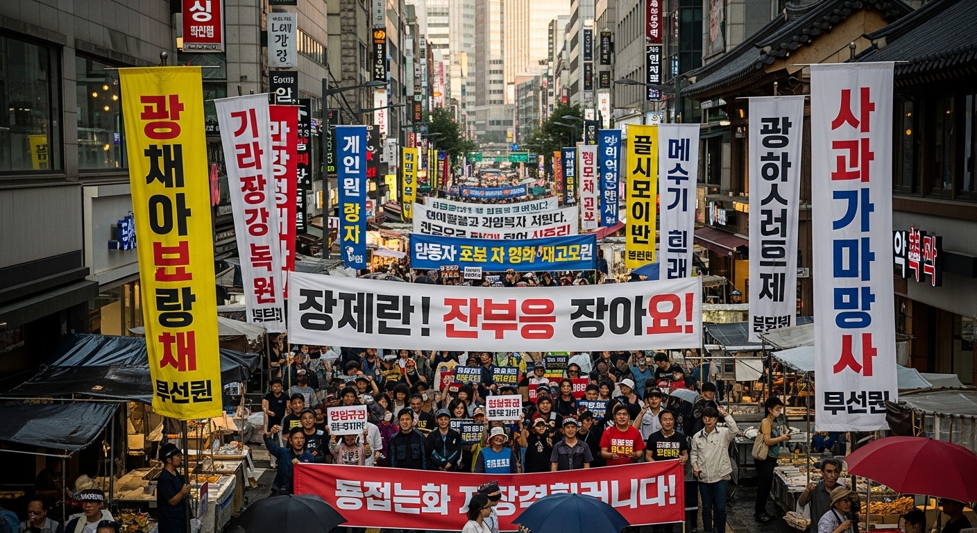서울 거리에서 정의를 요구하는 시위대의 모습과 그들의 피켓