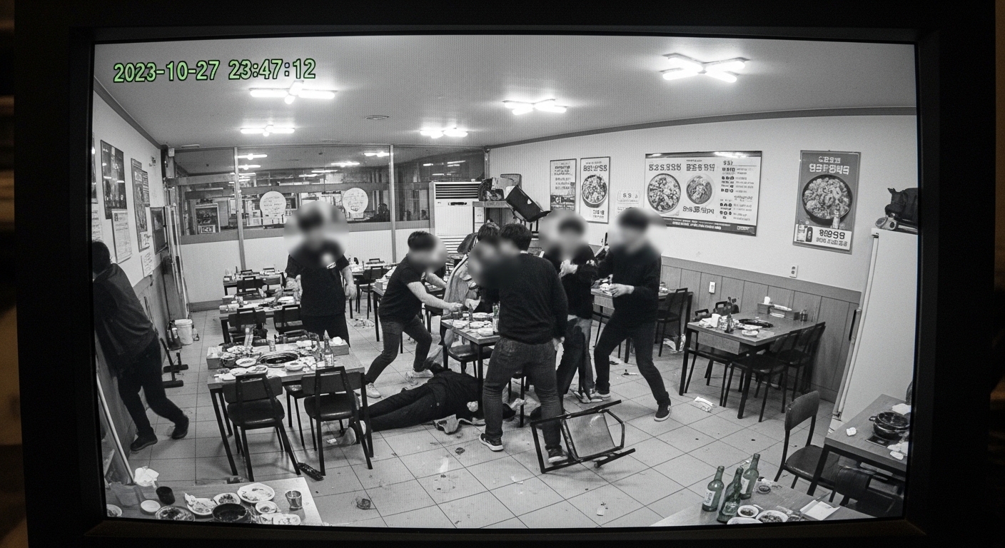 한국 식당에서 발생한 폭력 상황을 담고 있는 CCTV 화면