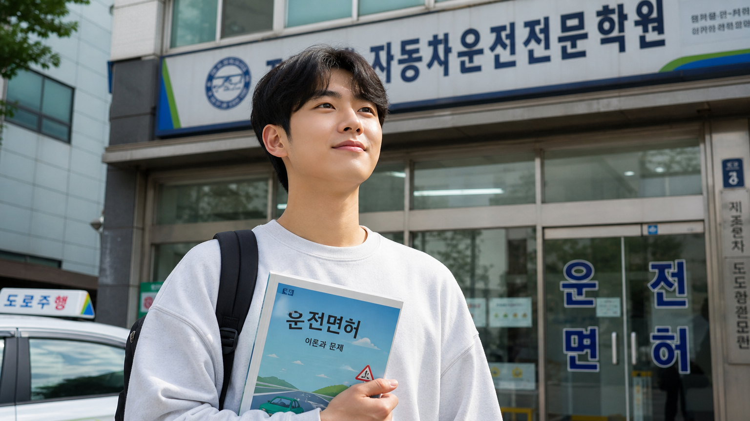 운전면허 학원 앞에서 면허 교본을 들고 있는 젊은 남성